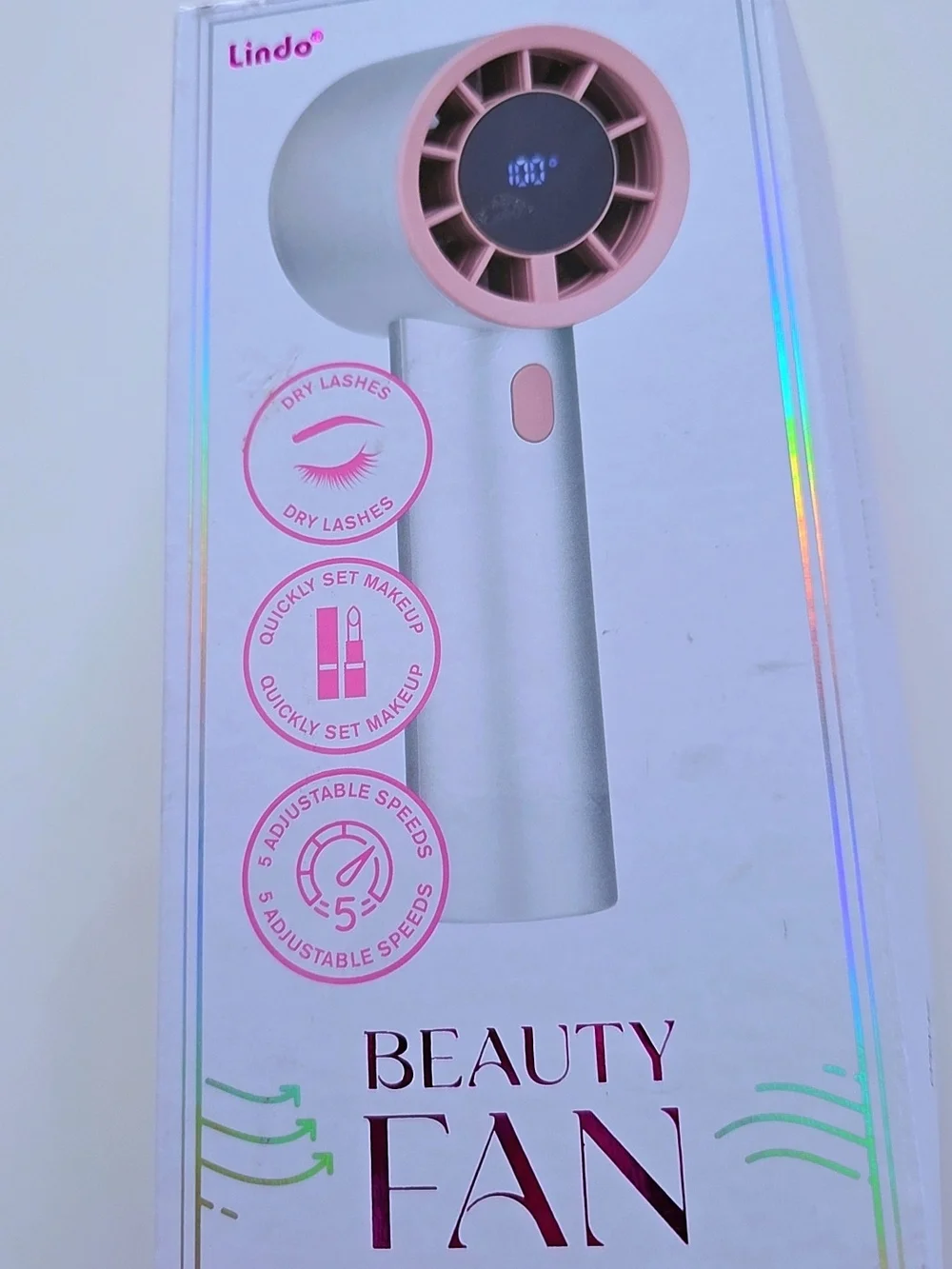 Lindo Rechargeable Beauty Fan | 5-Speed Handheld Fan for Lashes, Makeup, Travel